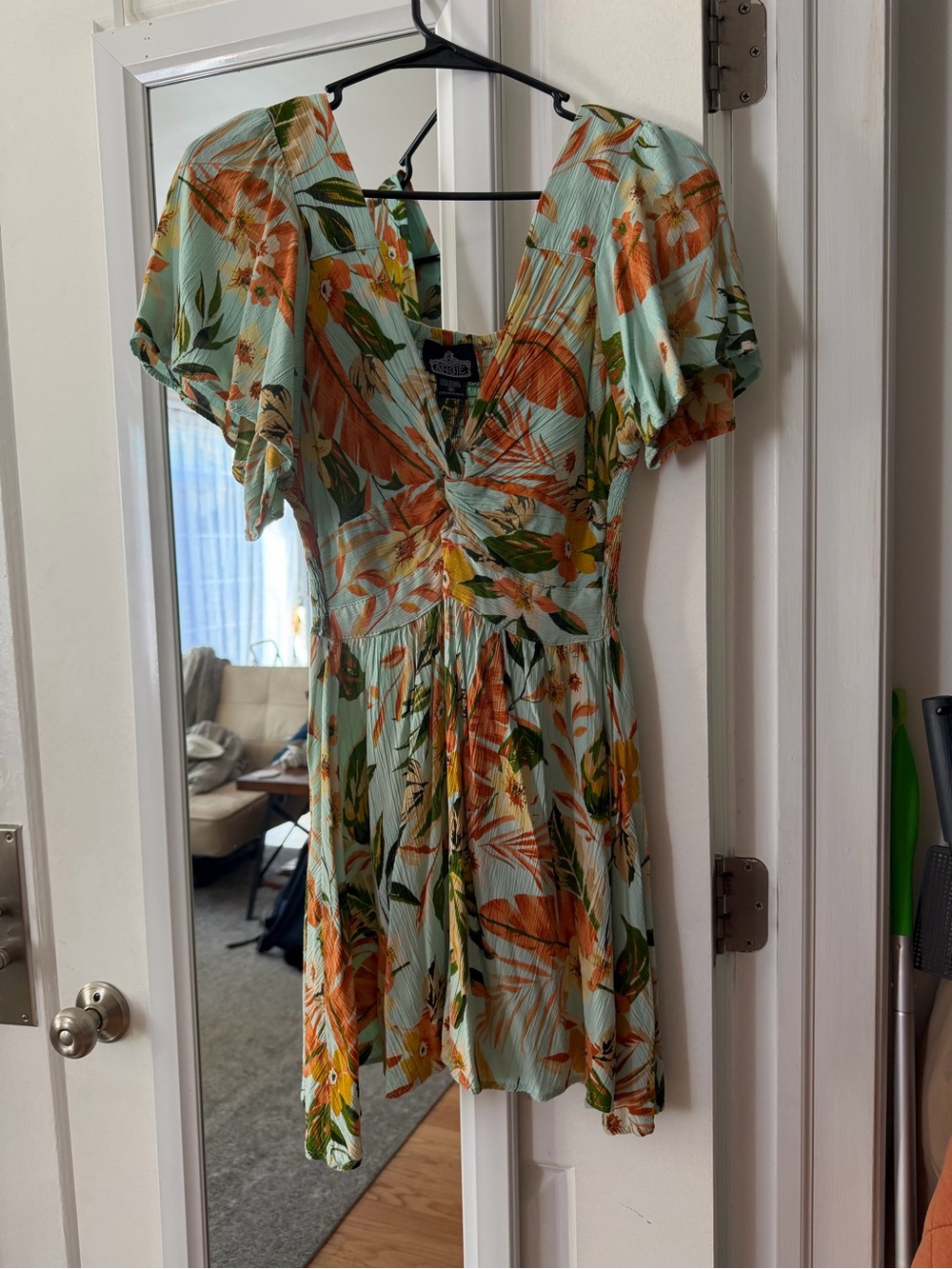 Angie Mint Floral Twist-Front Mini Dress with Orange Accents